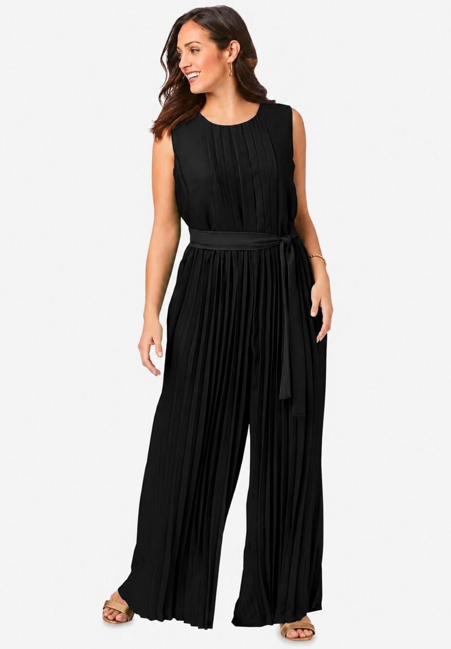 Jessica London Women's 18W Black Pleated Wide Leg Jumpsuit Plus Size Sleeveless